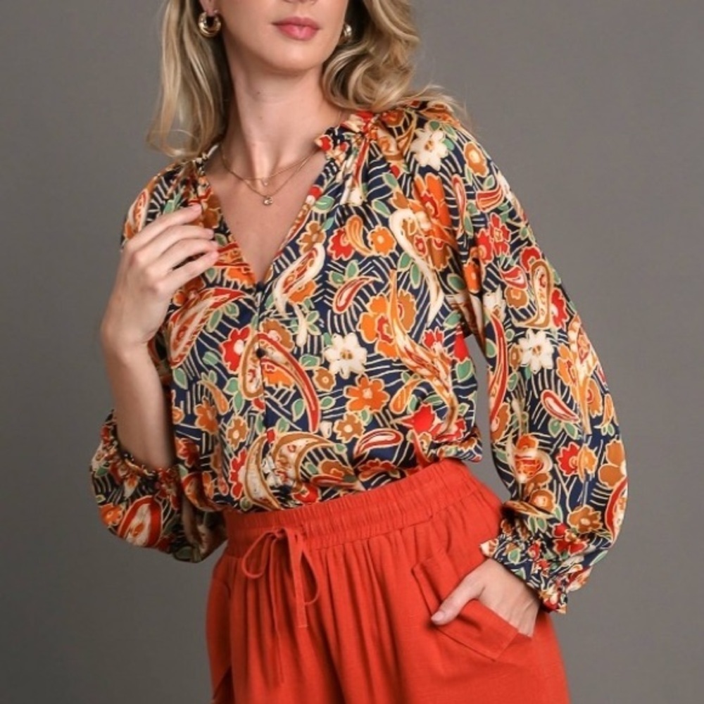 Umgee Satin Paisley Ruffle Blouse,‎ SZ L LIKE NEW!